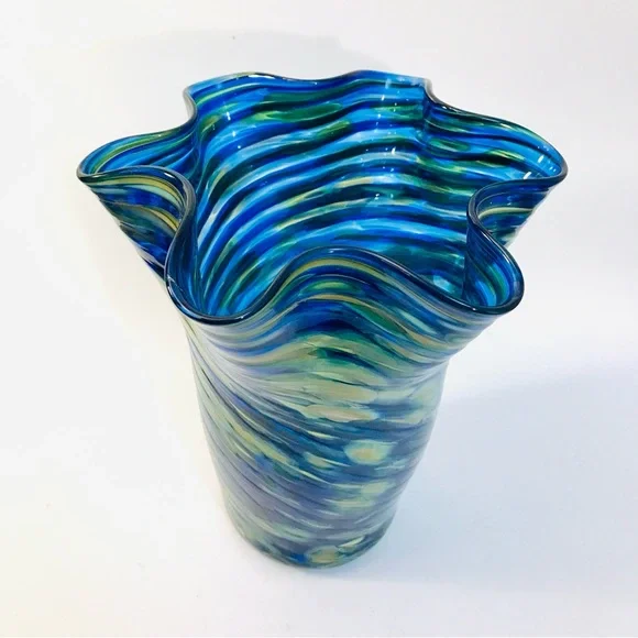 Arribas Brothers Walt Disney World Blown Glass Ruffled Vase 9” Blue Yellow Swirl - Picture 2 of 15